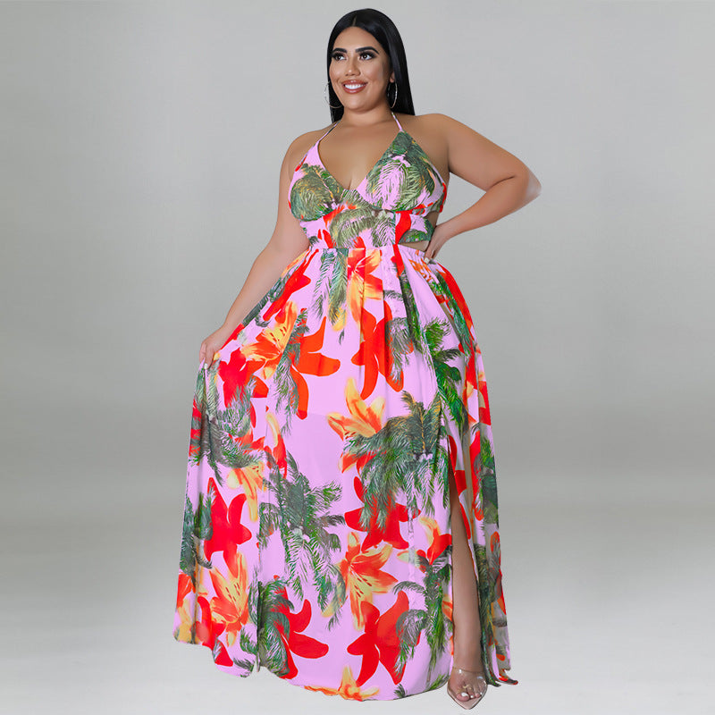 Plus Size Women summer sexy Lace-Up Backless print dress 8