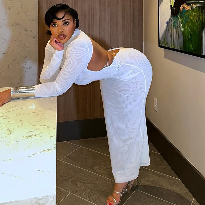 Women Elegant Sexy Backless Stand Collar Long Sleeve Solid Maxi Dress