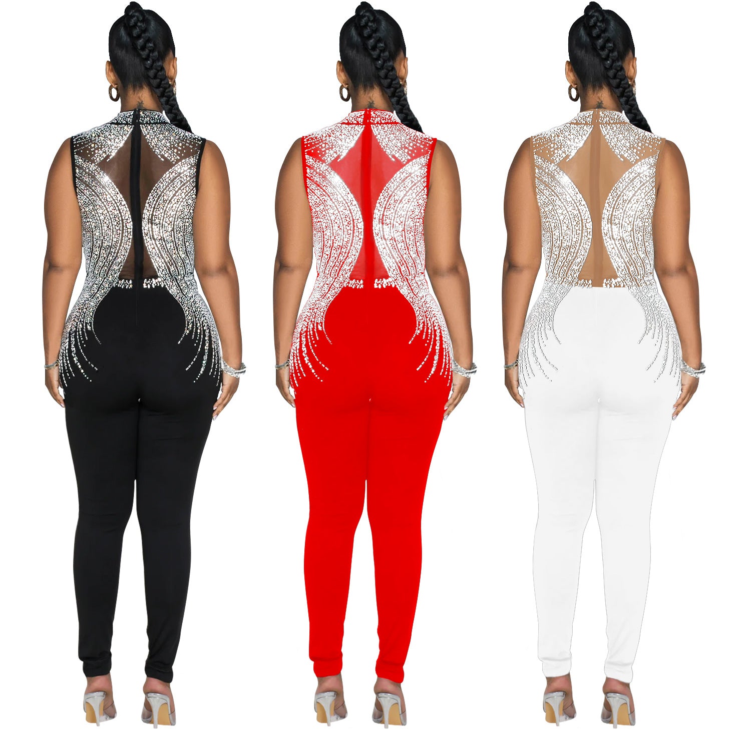 Fashion Women's Solid Color Beaded Mesh Sleeveless Jumpsuit 7