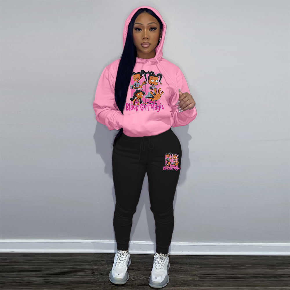 Women Printed Contrast Color Hoodies and Pant Sports Two-piece Set 4