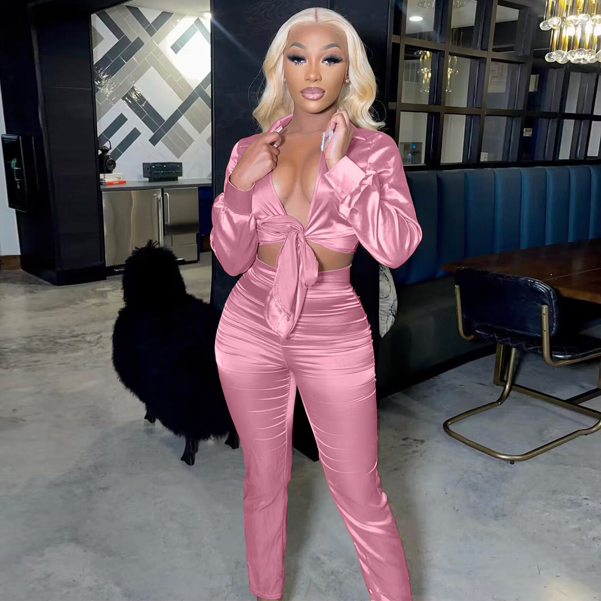 Sexy v-neck tie slim two-piece suit 8