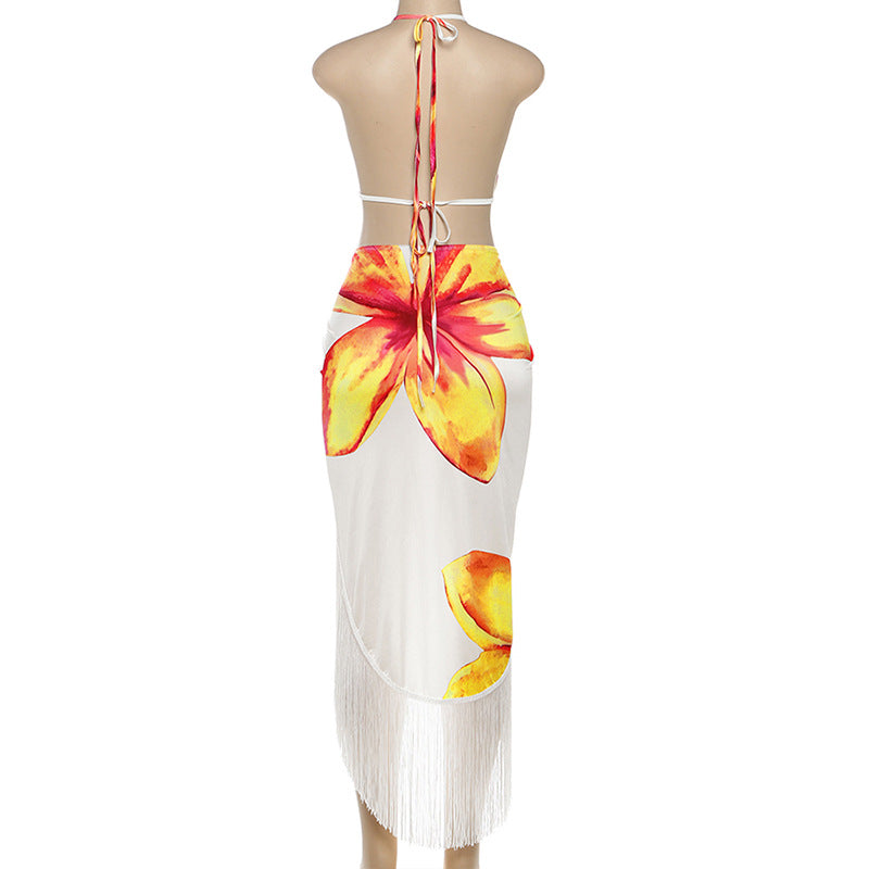 Women fall/winter Halter Neck lace-up V-neck backless printed top and tassel sexy skirt two-piece set 5