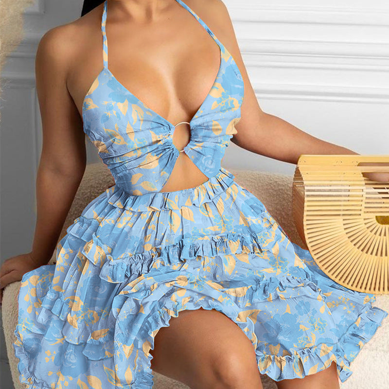 Women's Summer Sexy Cutout Halter Neck V-Neck Cake Dress 14