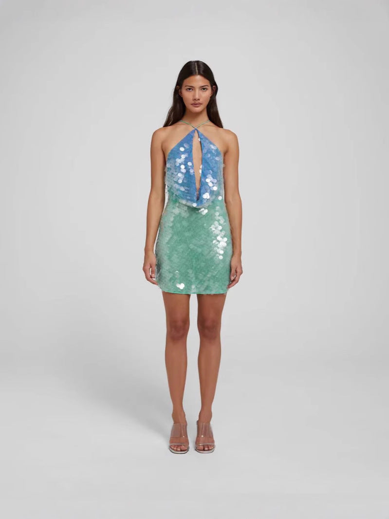 Women Sexy Sequined Halter Neck Backless Strap Dress 5