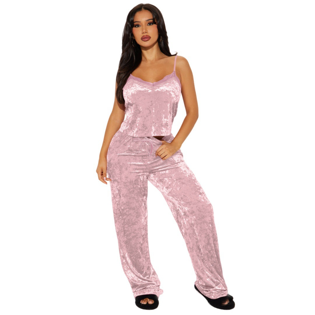 Women's Fashion Sexy Strap Velvet Top Pant Two-Piece Sleepwear 6