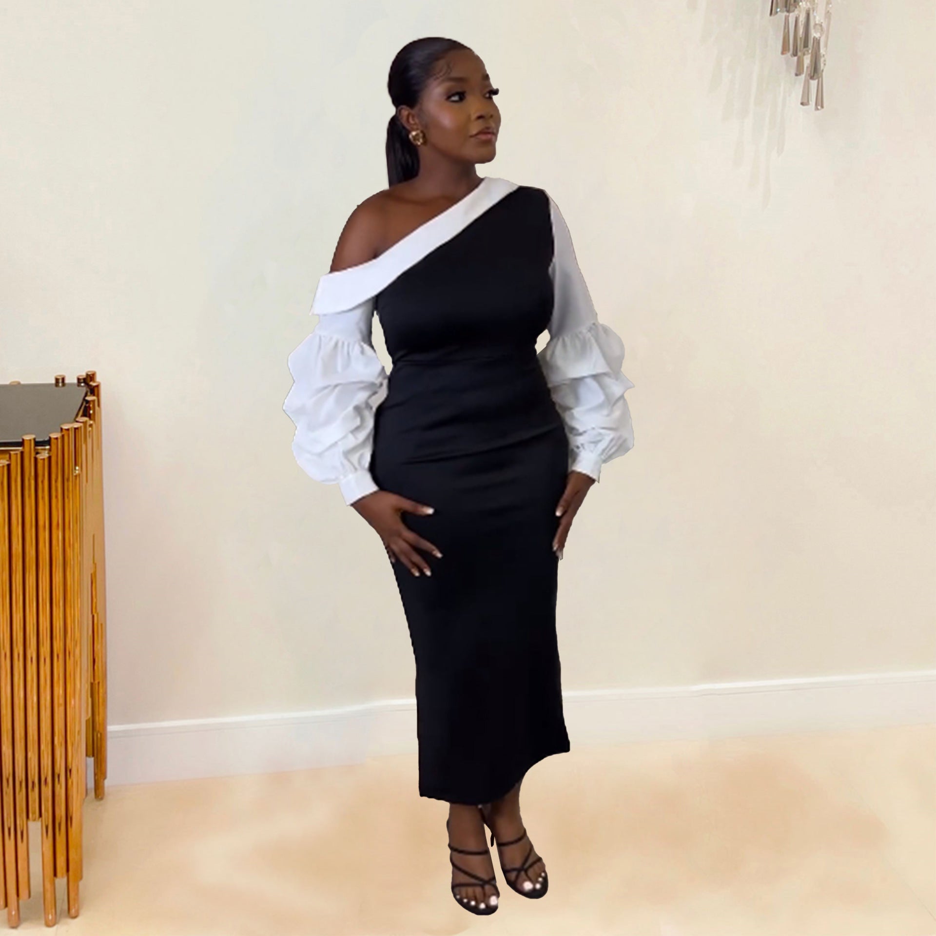 Women Contrast Slash Shoulder Stretch Bodycon Slit Balloon Sleeve Dress