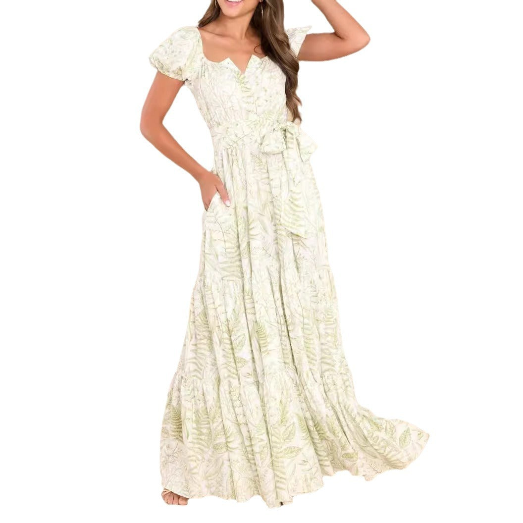 Spring Summer Printed Puff Sleeves Belt Chic Elegant Long Dress 6