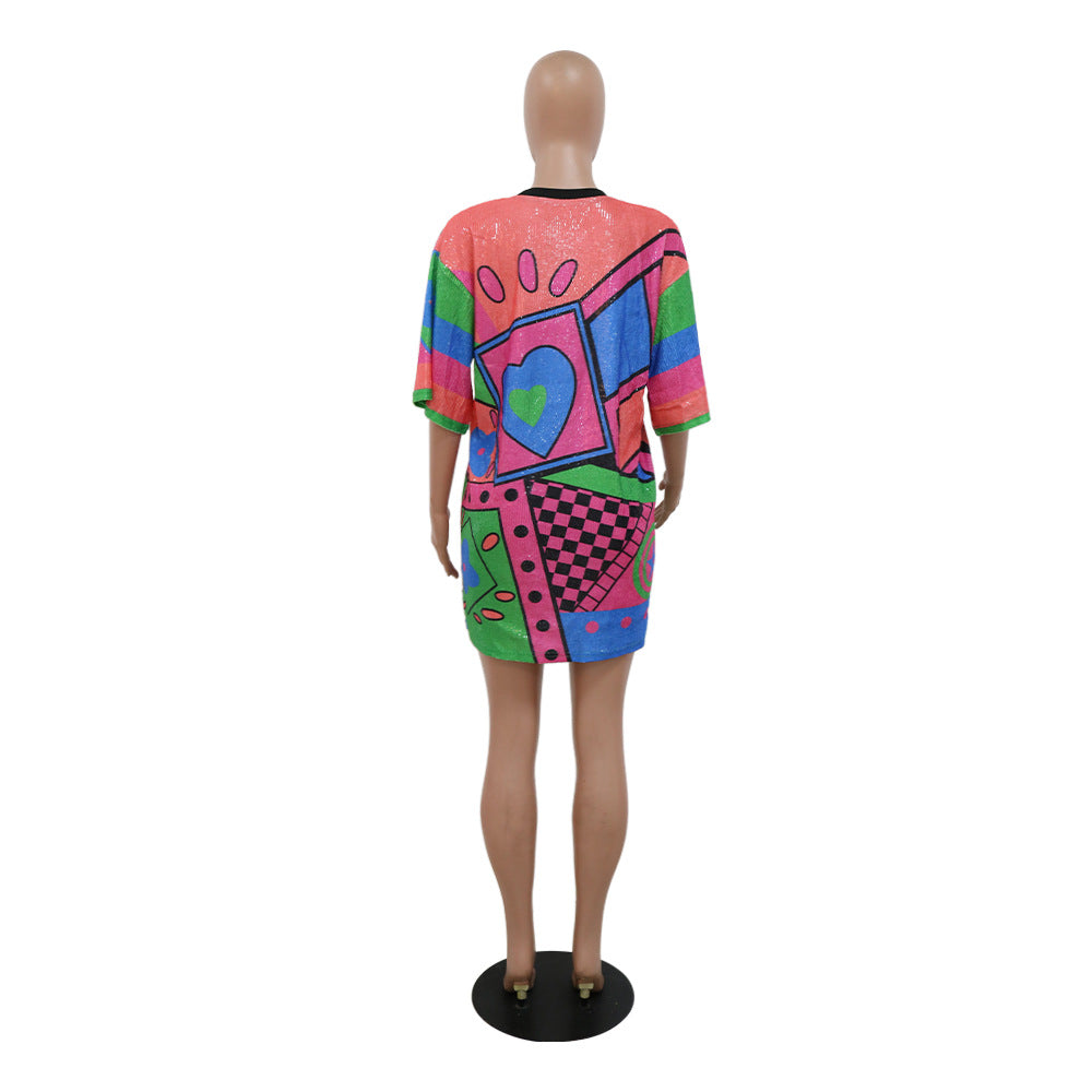 Trendy Round Neck Half Sleeve Loose Sequin Print Party Sequined Nightclub Style Women's Dress 23