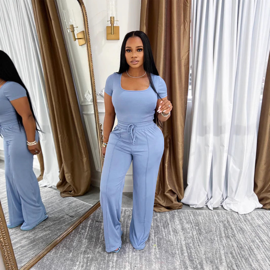 Women's summer Career fashion solid color square neck short sleeve top high waist wide leg Pants Casual Two Piece Set 4
