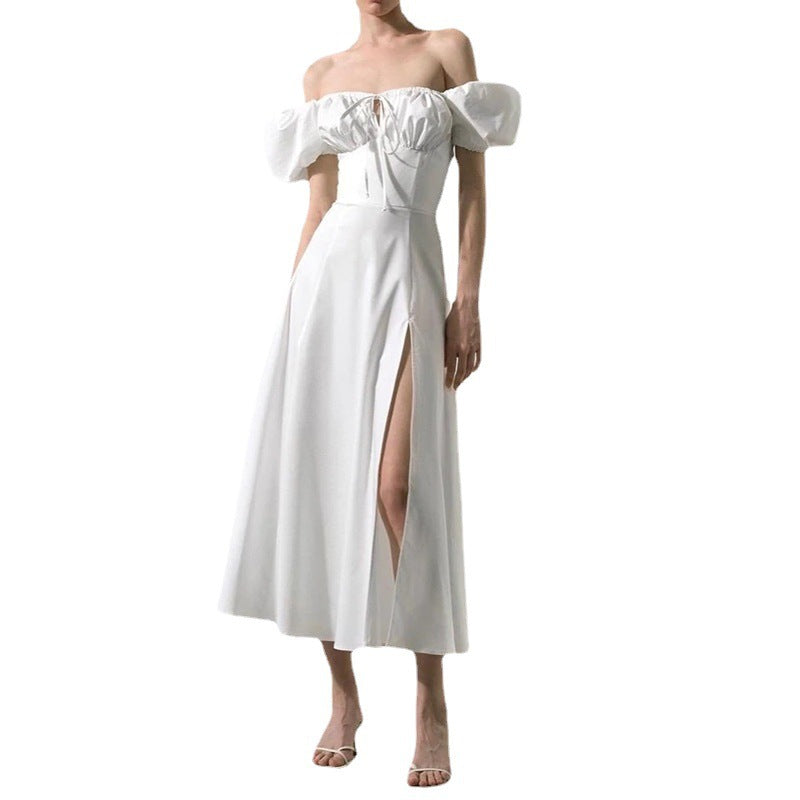 Spring Summer Dress Women's Slimming Off Shoulder Puff Sleeve Tie Slit Long Dress 8
