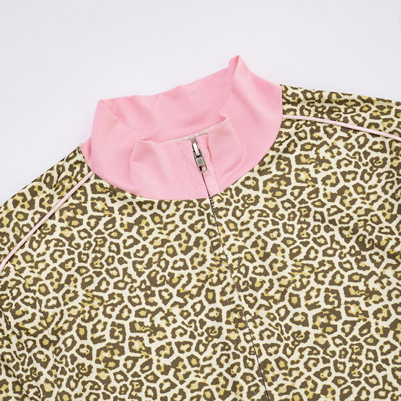 Women's Leopard Print Color Block Long Sleeve Zipper Coat Drawstring Shorts Two-Piece Set 23