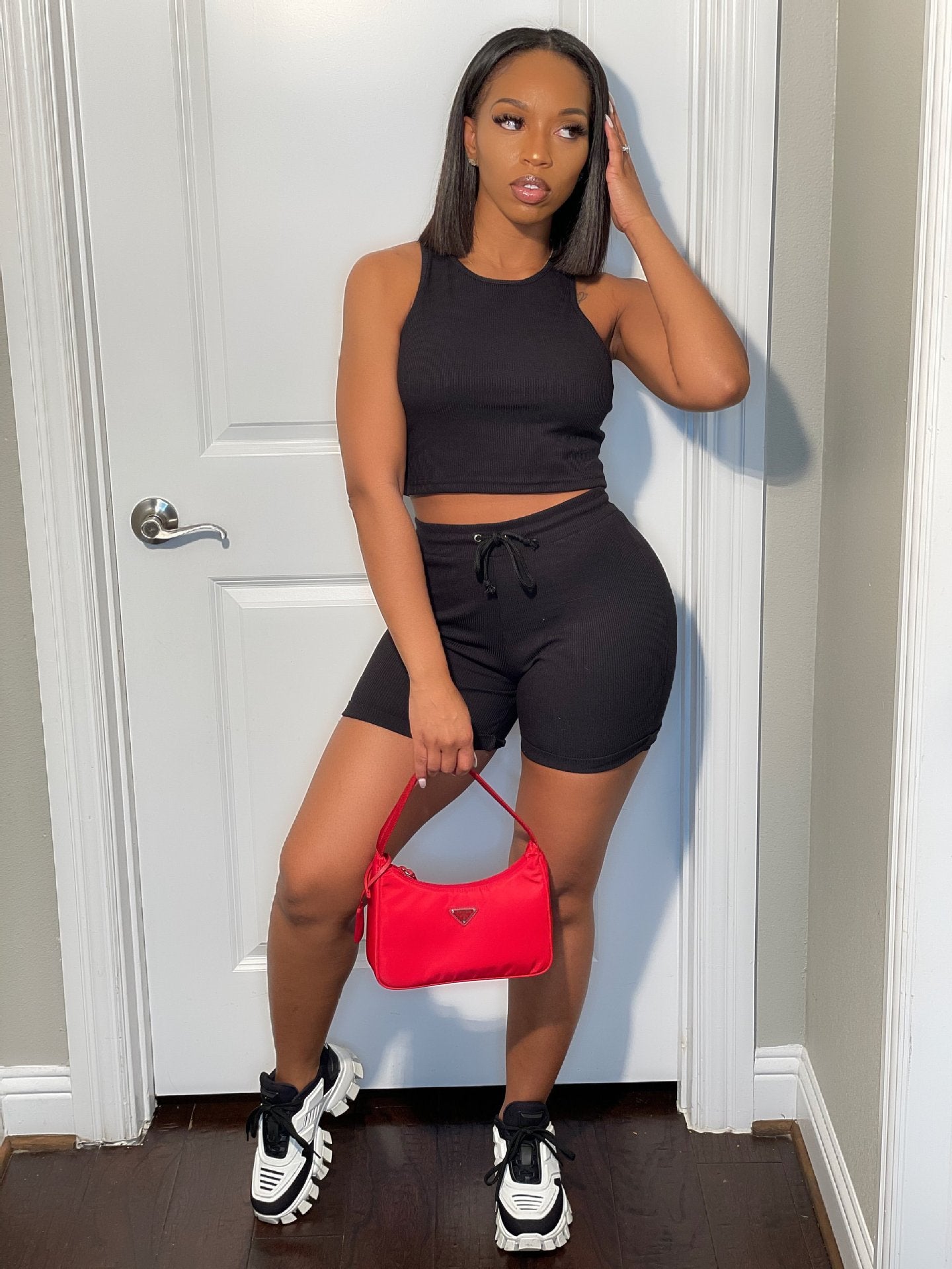 Summer Women's Casual Ribbed Vest & Drawstring Shorts Sports Two-Piece Set 4