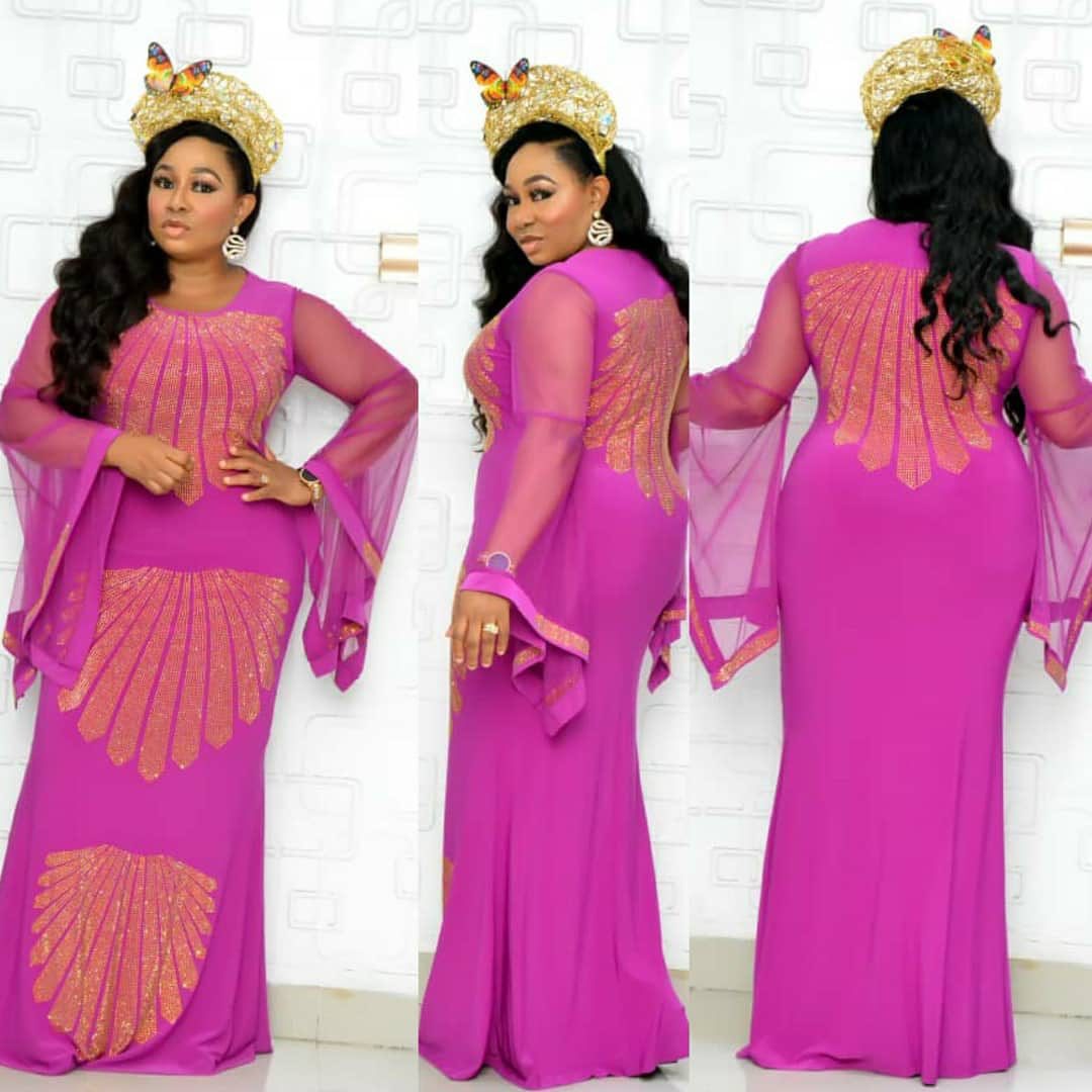 African Fashion Mesh Bell Bottom Sleeve Beaded Fishtail Plus Size Long Dress 5