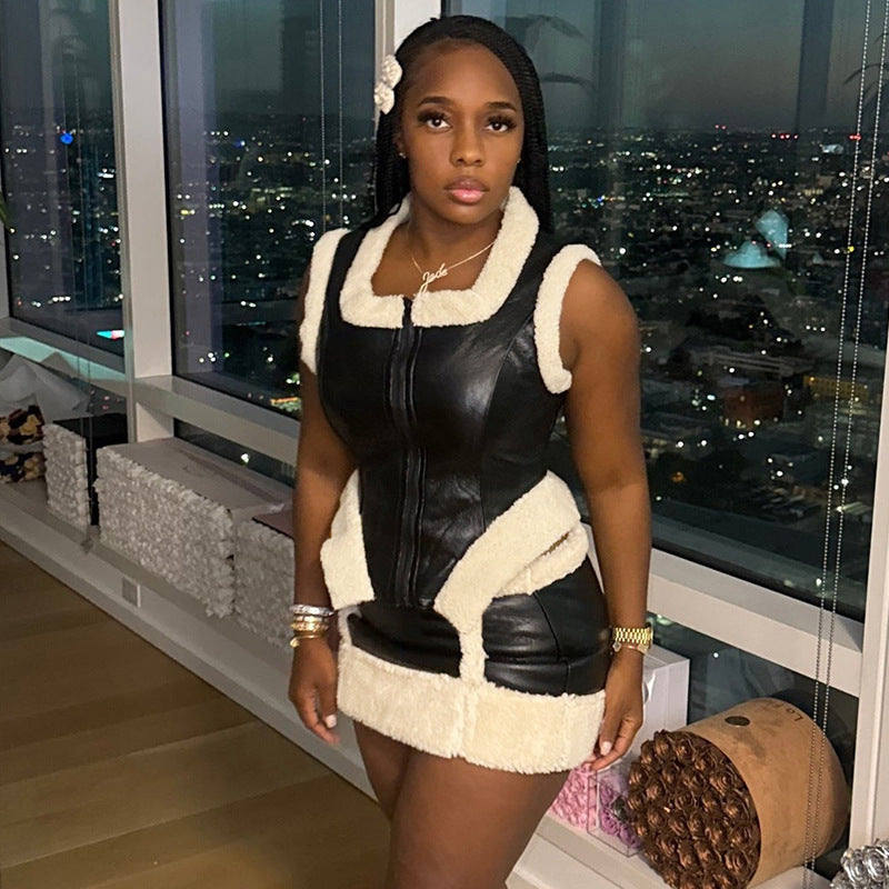 Women zipper fur edge patchwork pu-leather top and skirt two-piece set 4