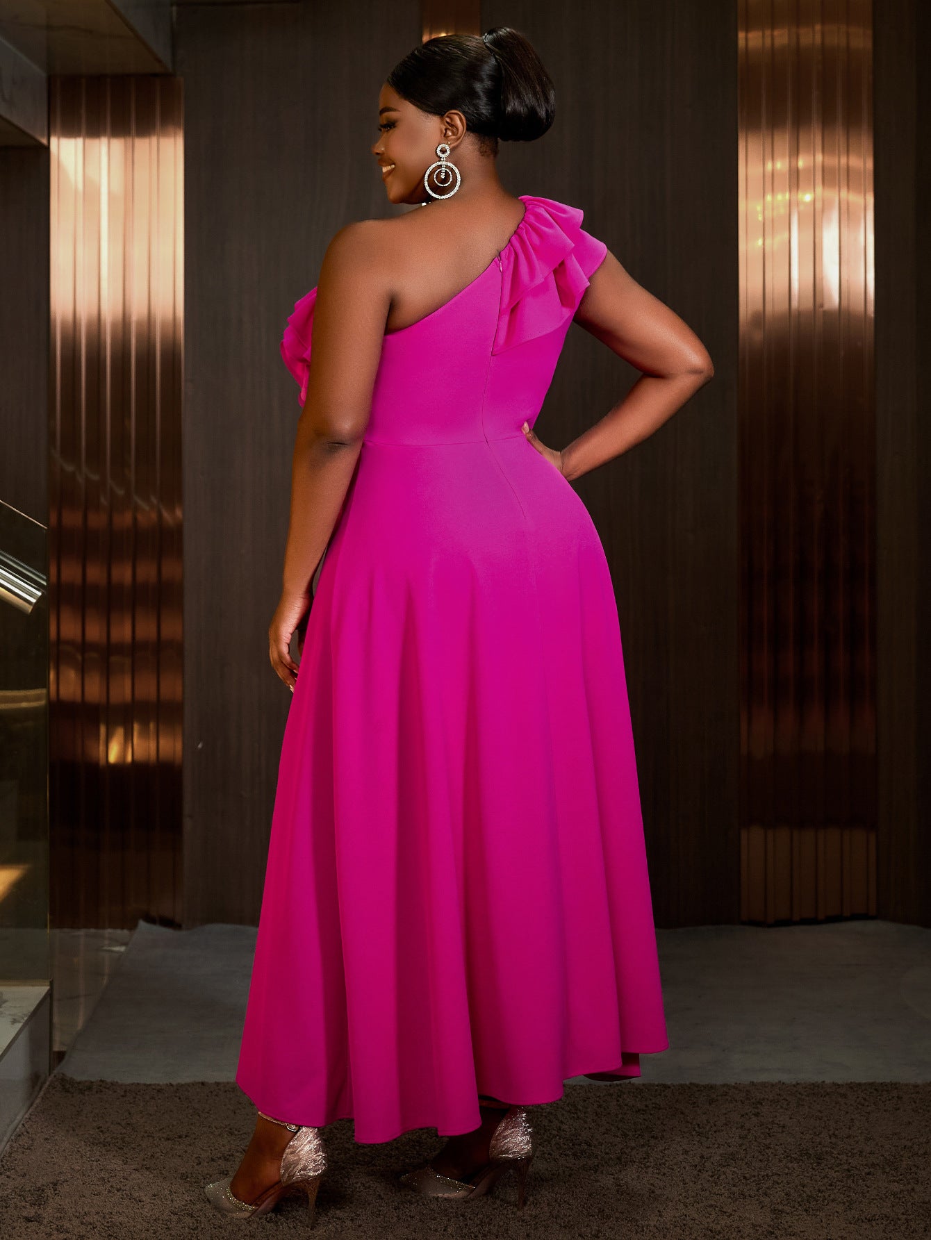 Women Slash Shoulder Sleeveless Formal Party Ruffle Edge Dress