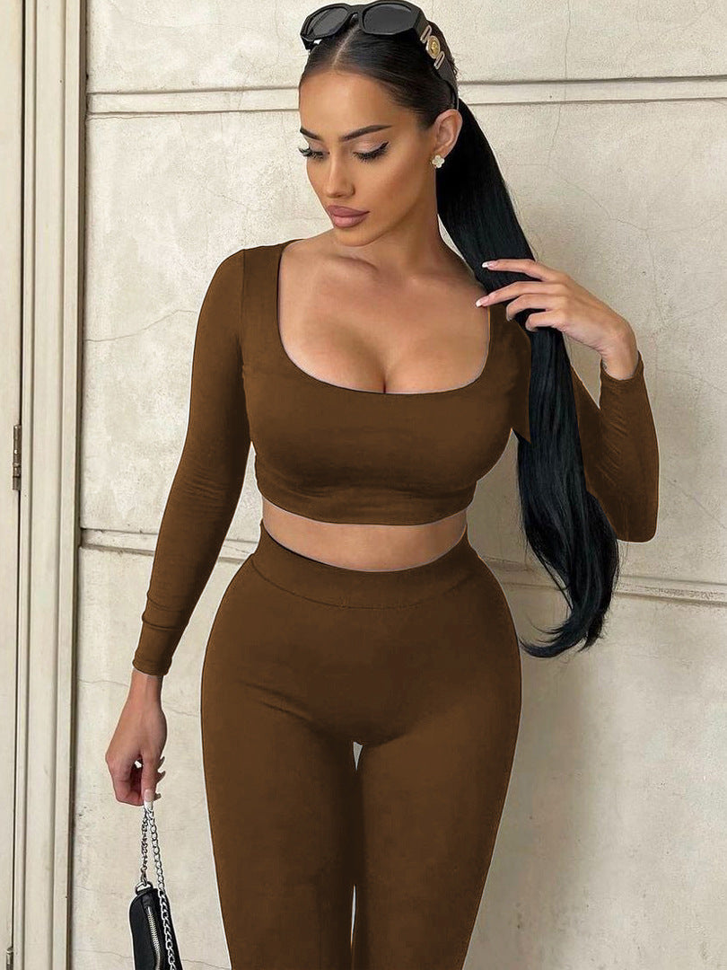 Women's Autumn Solid Color Long-Sleeved U-Neck Two-Piece Slim Fashion Pants Set For Women