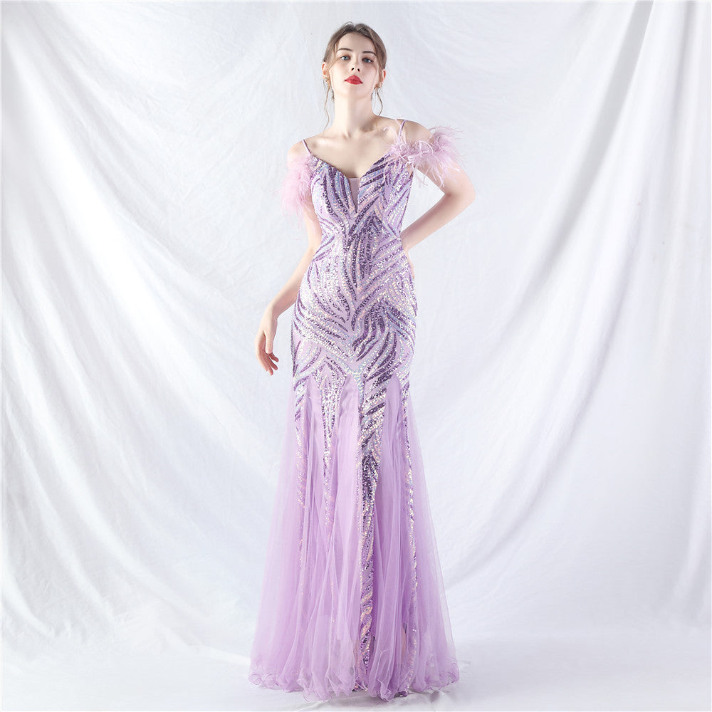 feather sequin Patchwork Mesh luxury evening dress 5