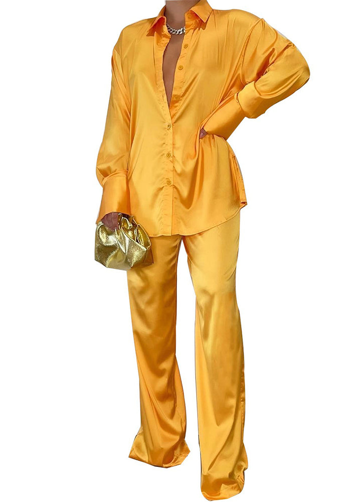 Solid Color Satin Long Sleeve Casual Two Piece Pants Set Trendy Lounge Wear