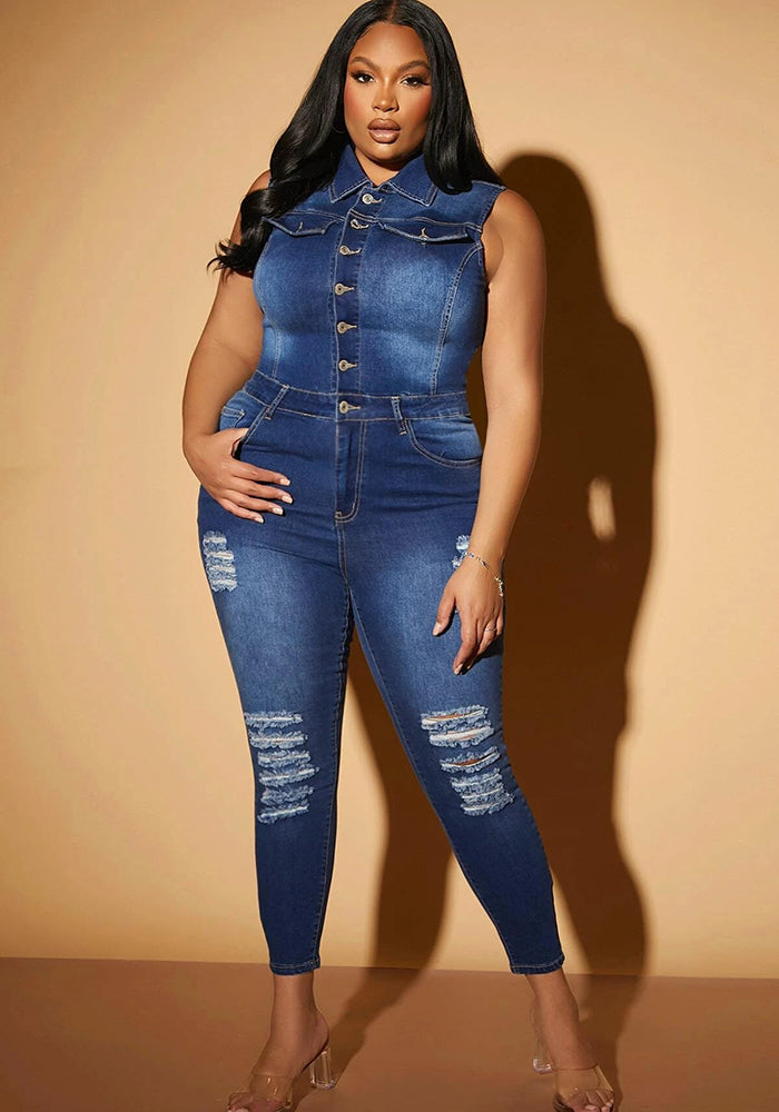 Sexy Fashion Denim Ripped Sleeveless Jumpsuit