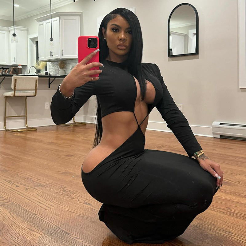 Women sexy hollow long sleeve Open Waist Bodycon Maxi Dress 3
