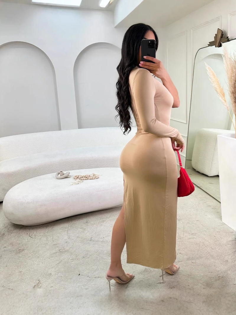 Women's Summer Autumn Ribbed Bodycon Slit Sexy Long Dress