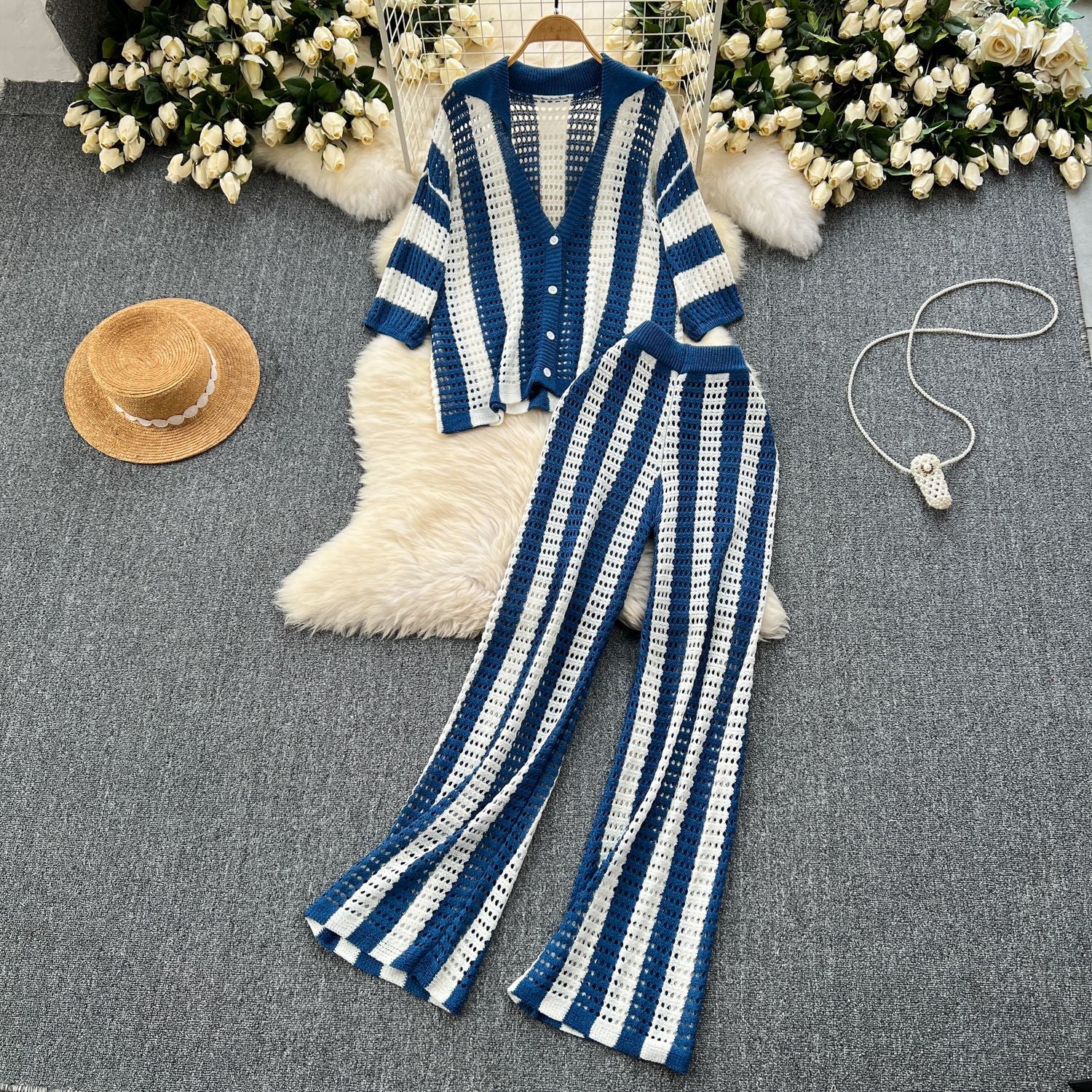 Women's Summer V-Neck Loose Knit Cardigan Top + Wide-Leg Pants Set Color-Block Striped Hollow-Out Outfit 13