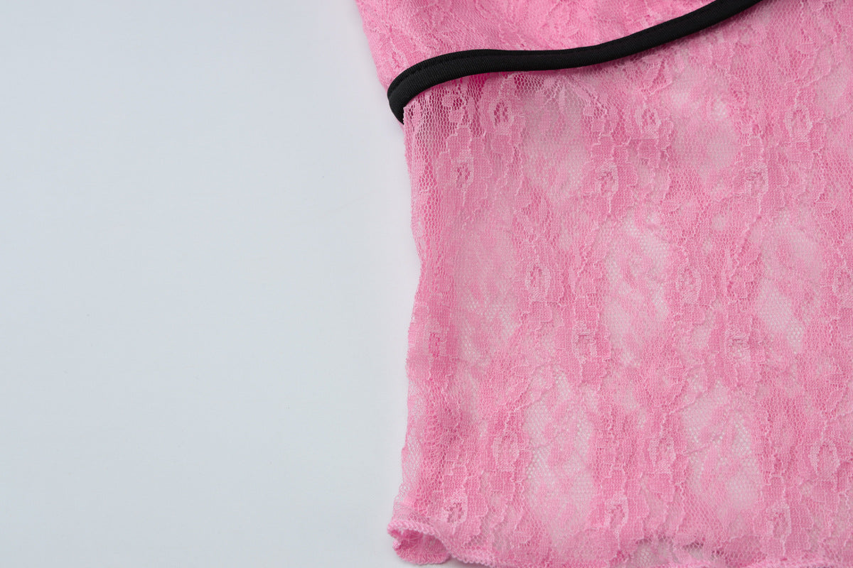 Women summer sexy See-Through Lace Patchwork V-neck Top and shorts two-piece set 13