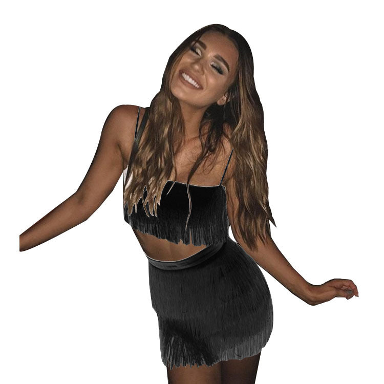 Women Summer Sexy Fringe Crop Top And Bodycon Skirt Two Piece 3