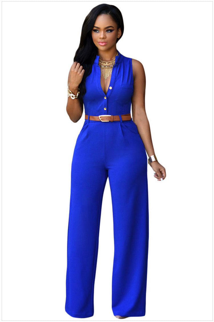 Women's Single Breasted Sleeveless High Waist Belted Wide Leg Jumpsuit 11