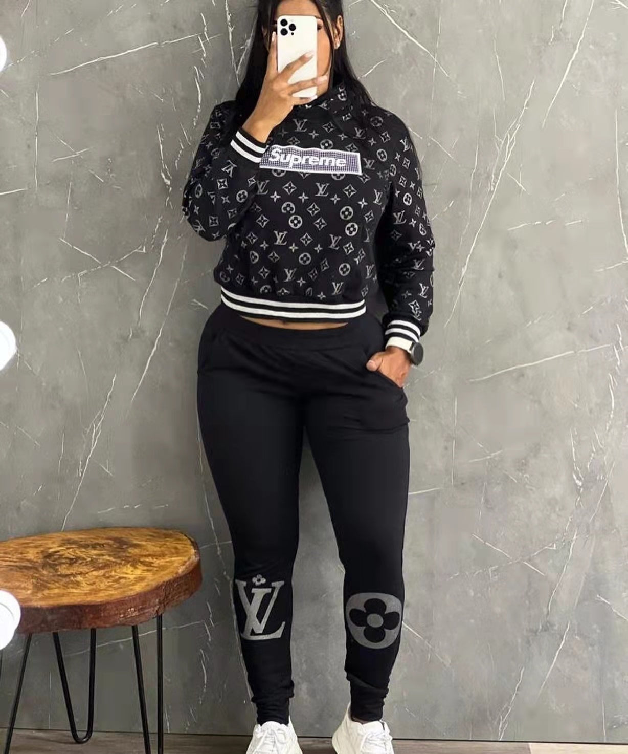 Women's Casual Fashion Ribbed Pocket Hoodies Two-Piece Pants Set