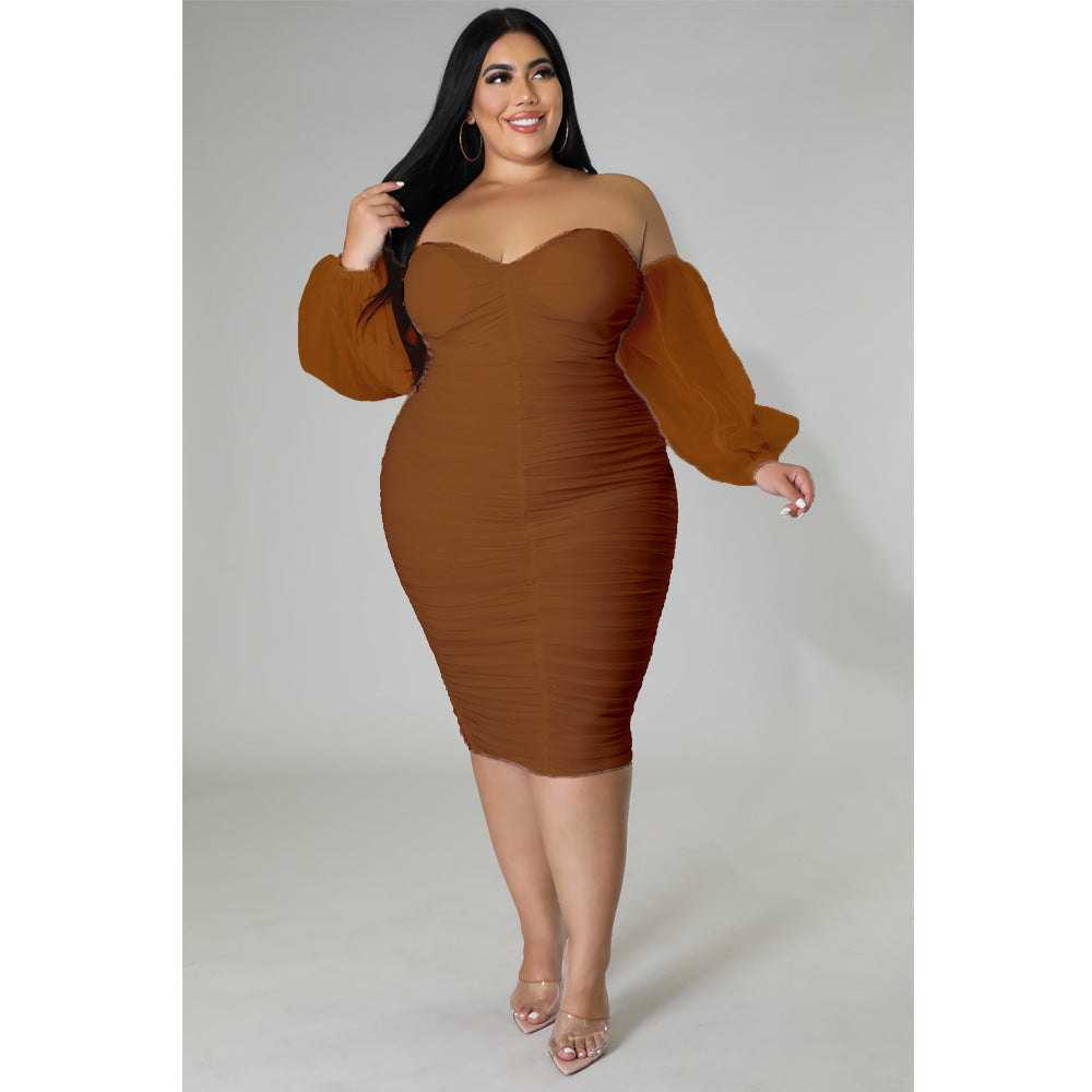 Plus Size Women Fall Mesh Pleated Long Sleeve Dress 6