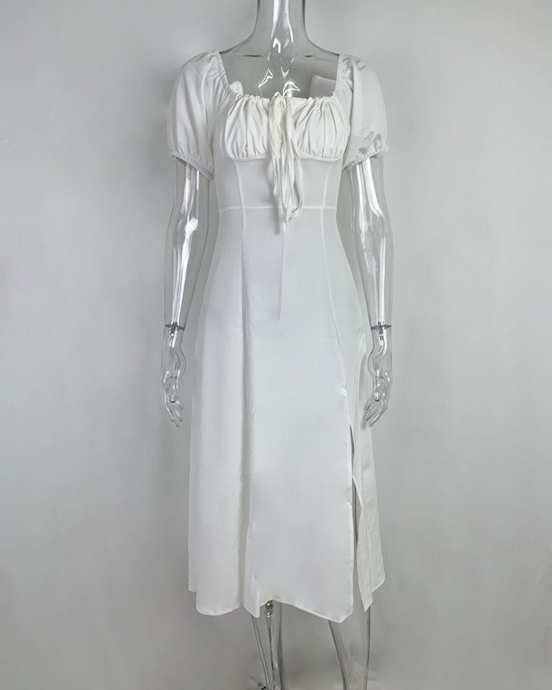 Spring Summer Dress Women's Slimming Off Shoulder Puff Sleeve Tie Slit Long Dress 17