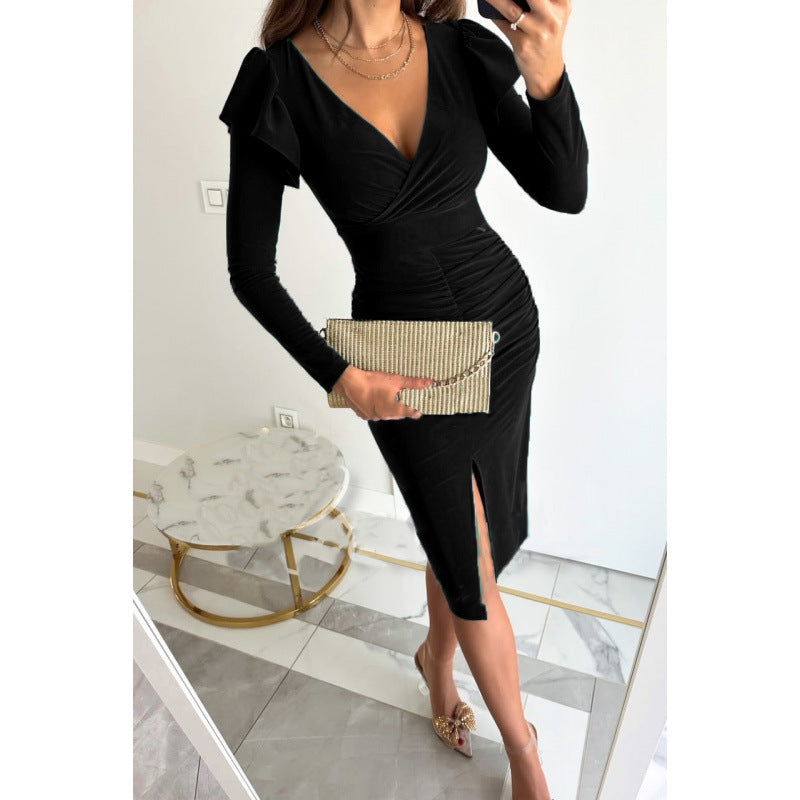 V-Neck Chic Slim Waist Slit Solid Color Long-Sleeve Midi Dress 11