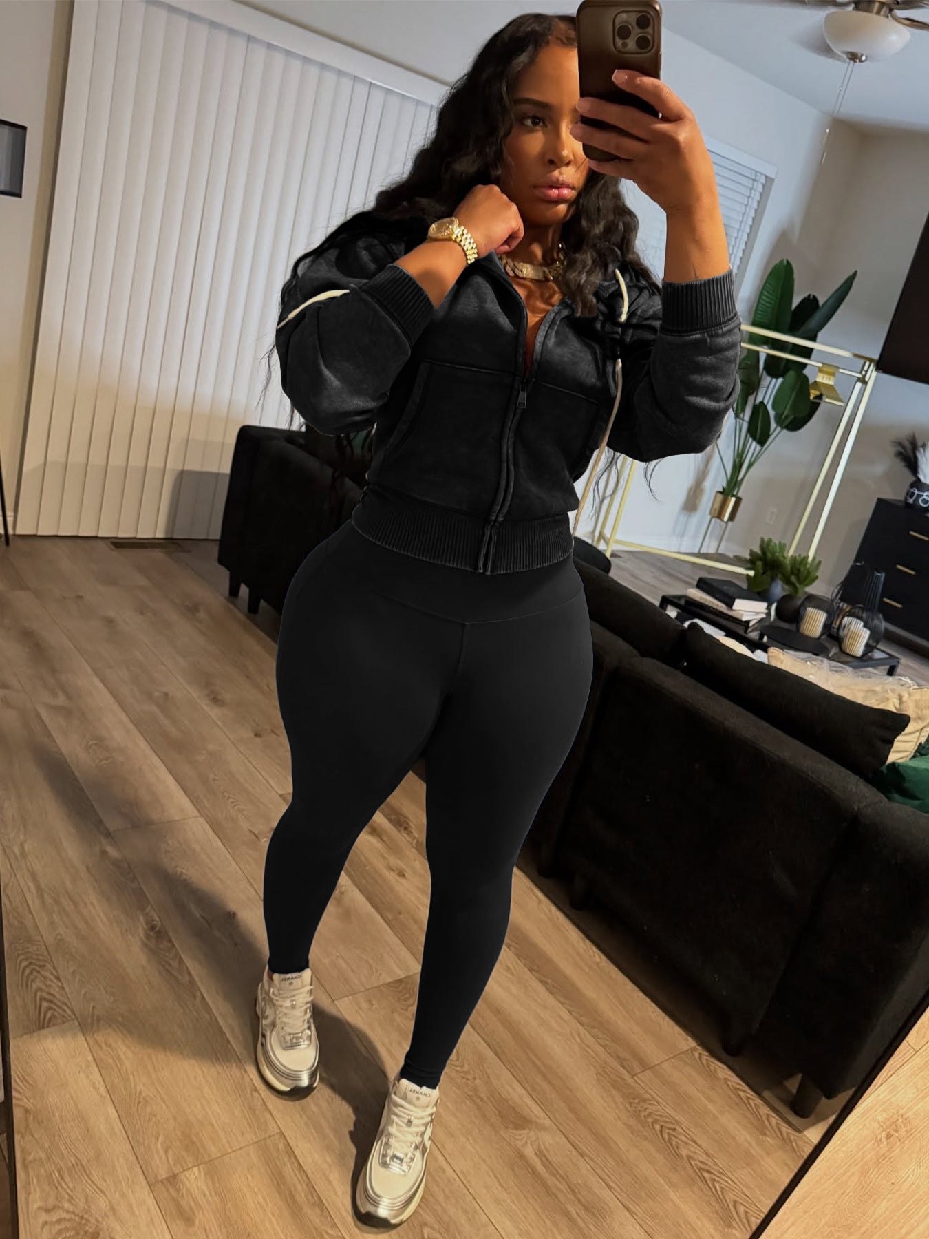 Fashion Women's Washed Zipper Hooded Top Yoga Pants Sport Casual Two-Piece Set