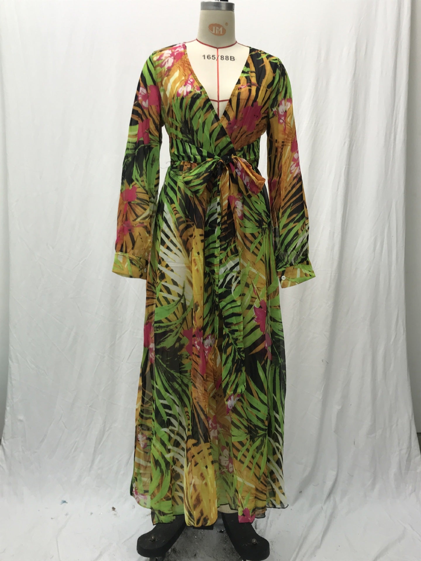 Summer Lantern Sleeve Sexy Deep V Neck Leaf Print Long Dress 17