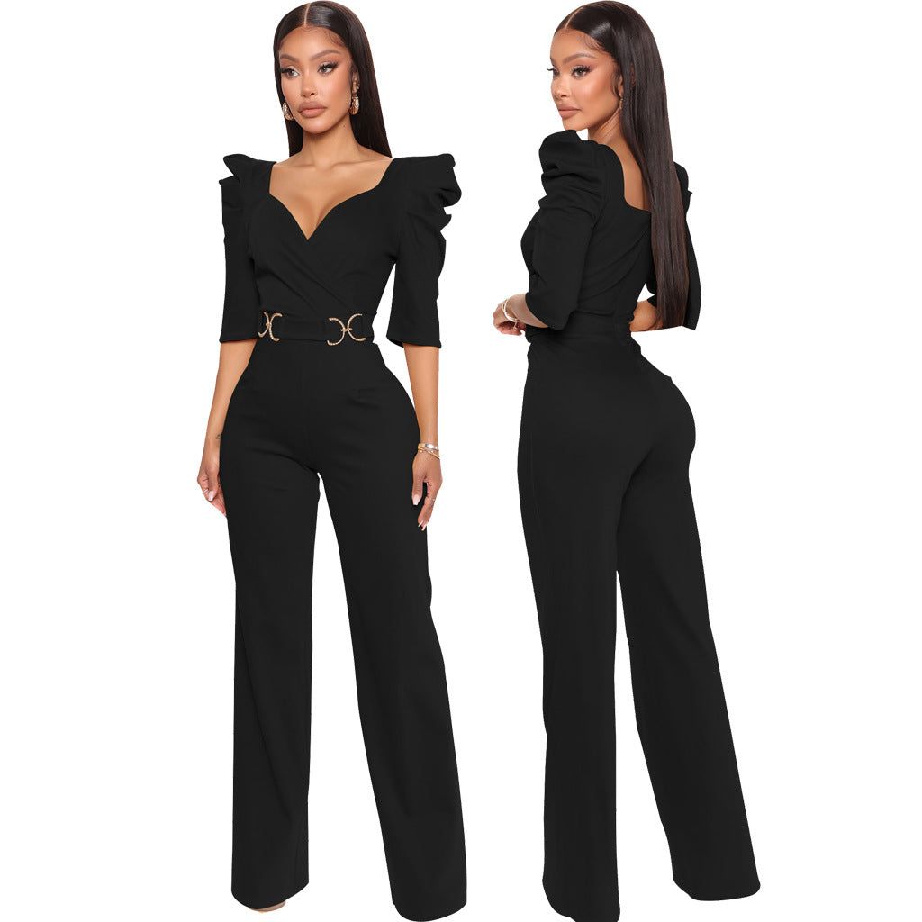 Sexy Fashion Solid Color Three-Quarter Sleeve V-Neck Jumpsuit Women's Clothing