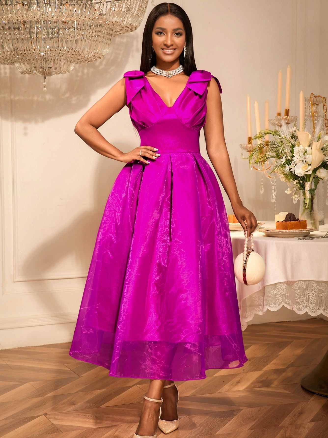 Sexy V-Neck Bow Sleeveless Dress High-Waist Elegant Formal Party Gown