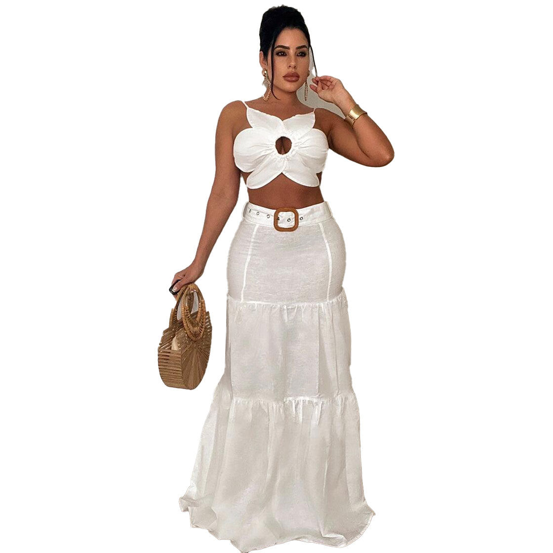 Women Sexy Solid Crop Top and Belt Skirt Two-Piece Set 8