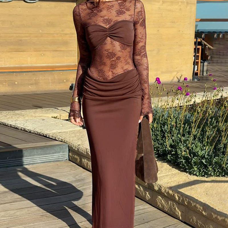 Autumn Women's Fashion Sexy Lace Patchwork Long Sleeve Dress 3