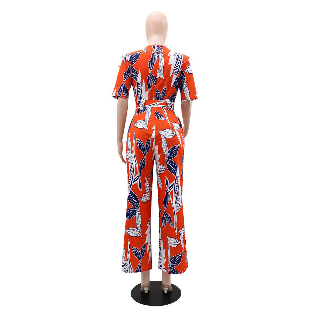 Women Printed Patchwork Irregular Short Sleeve Tie Jumpsuit 11