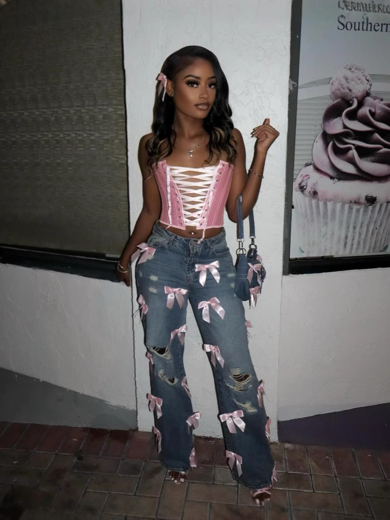 Women Street Bow Washed Ripped Denim Jeans 6