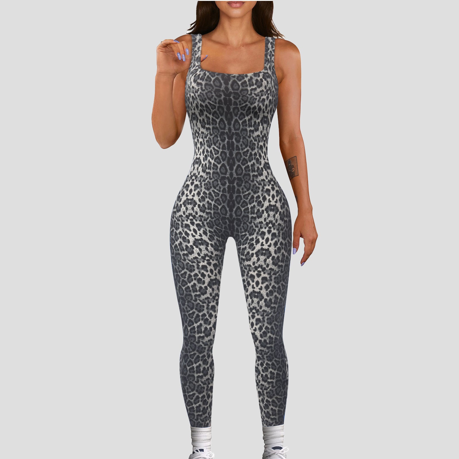 Women's Printed Sleeveless Ribbed Square Neck Low Back Slim Fit Jumpsuit 3