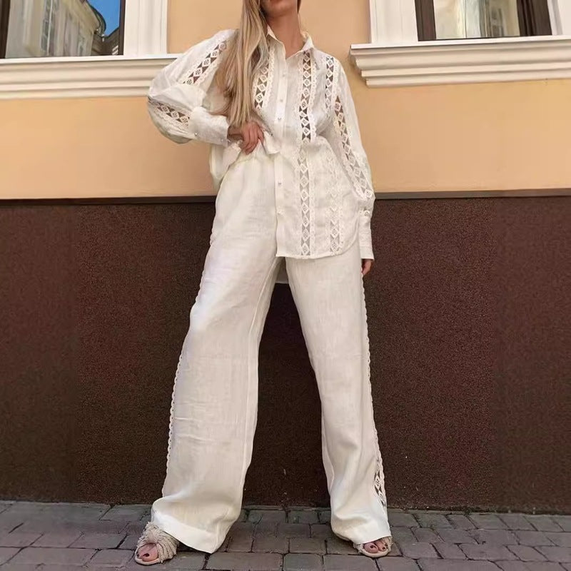 Women Spring Embroidered Hollow Career Shirt and Pants Two-piece Set