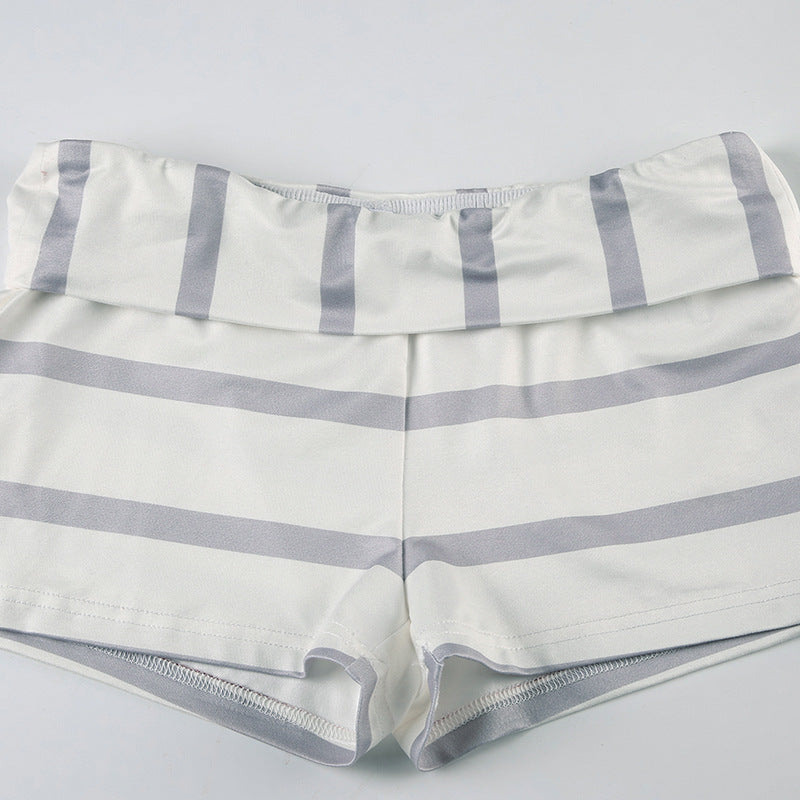 Women Casual Holidays Printed Striped Contrast Halter Neck Strap Top and Shorts Two-Piece Set 22