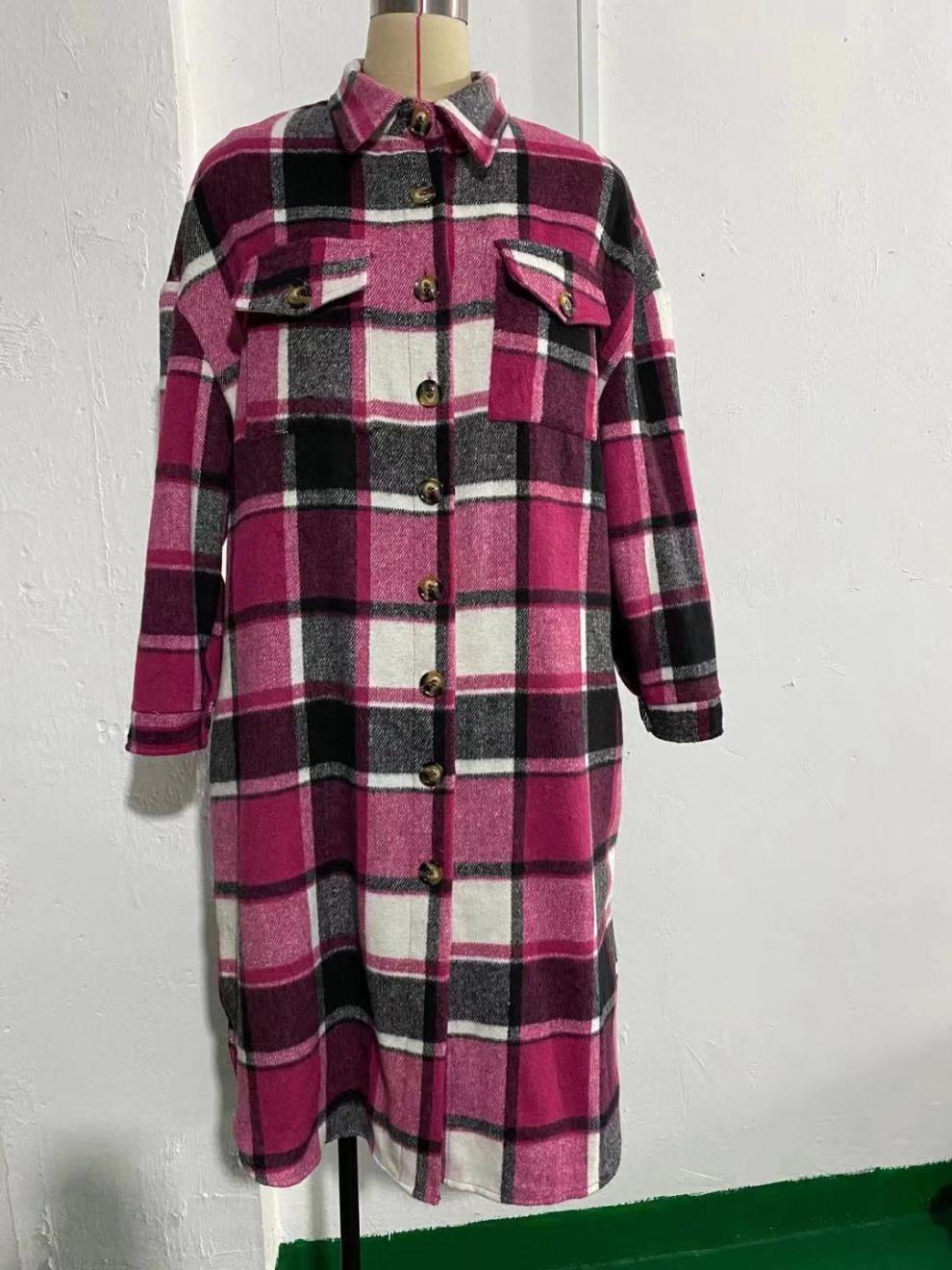 Autumn And Winter Chic Windbreaker Coat Side Slit Turndown Collar Loose Plaid Shirt Jacket 22