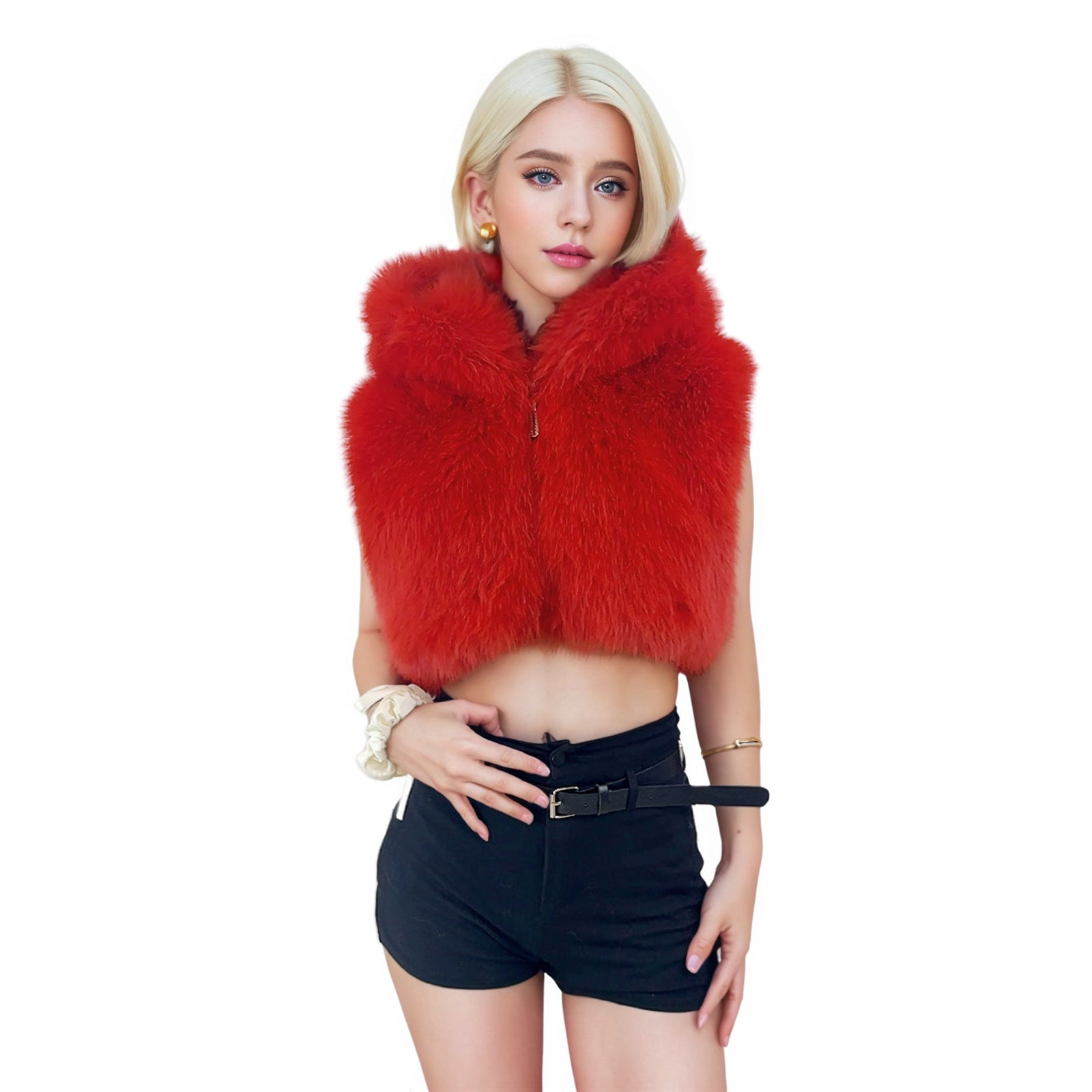 Women Solid Pu-Leather Zippered Hooded Sleeveless Crop Top 13