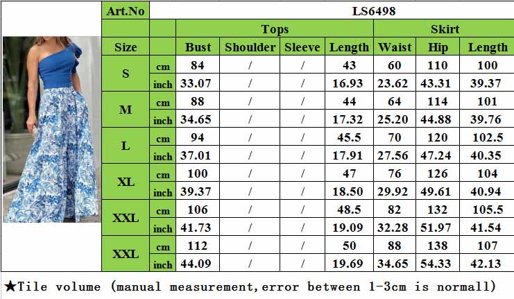 Women Style One-shoulder Top + Printed Swing Skirt Two-piece Set 12