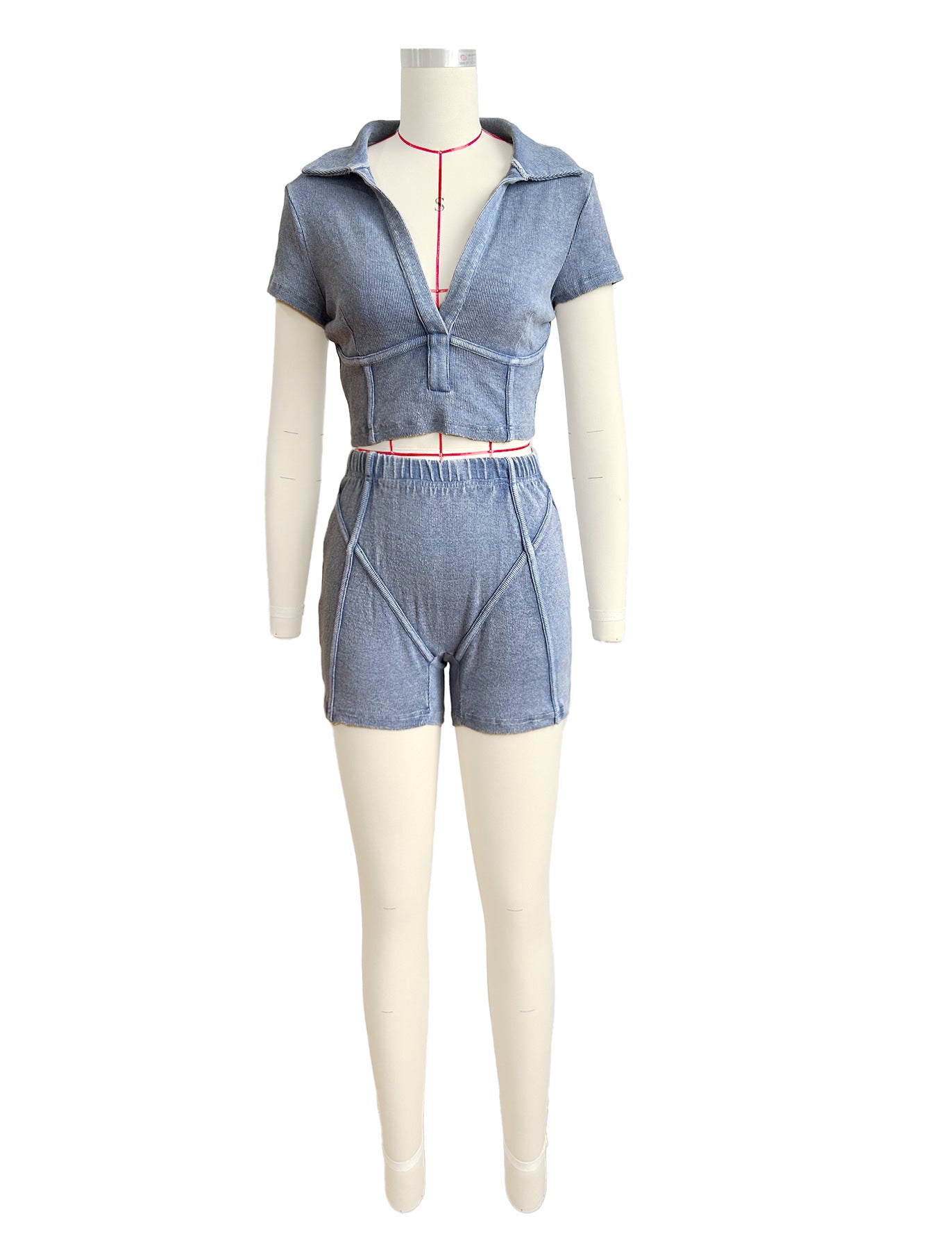 Women's Turndown Collar Deep V Short Sleeve Cotton Ribbed Top Shorts Two Piece Set 8