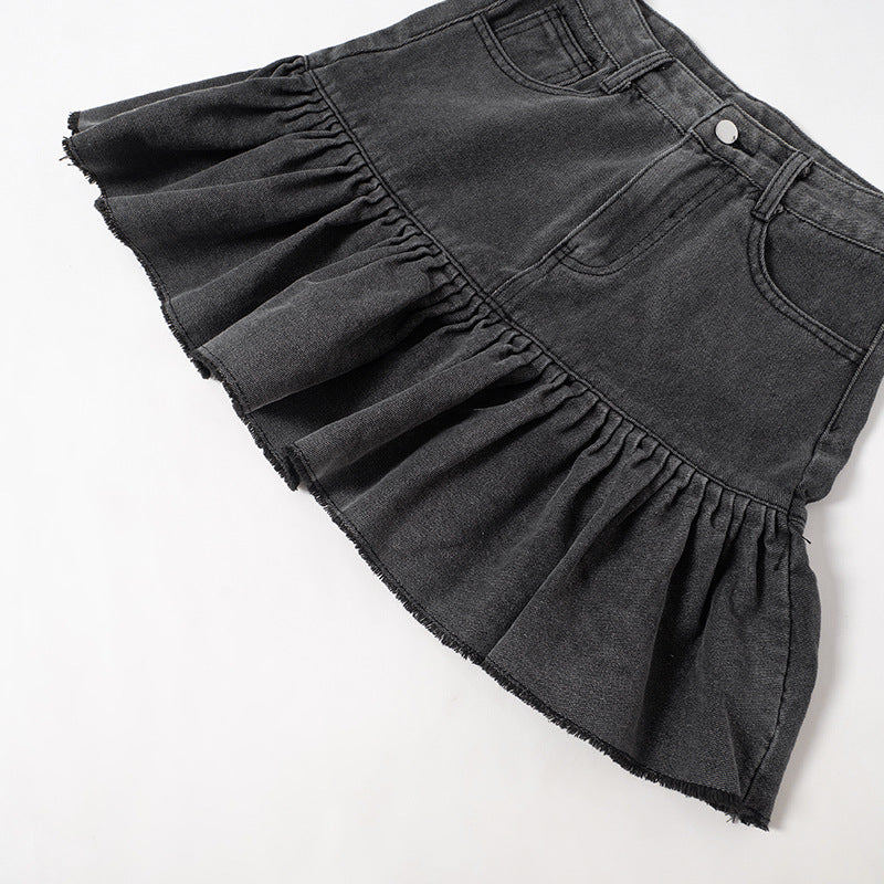 Women Autumn Solid Casual Button Zipper Denim Pleated Skirt 16