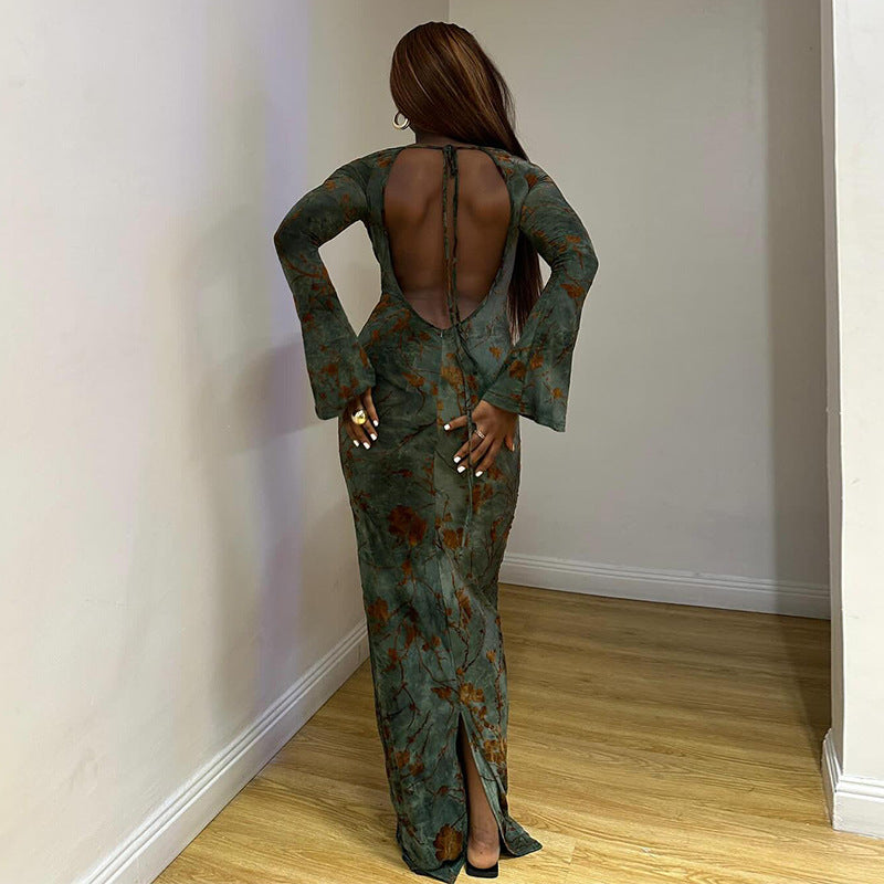 Autumn Round Neck Long-Sleeve Lace-Up Low Back Print Maxi Dress 6